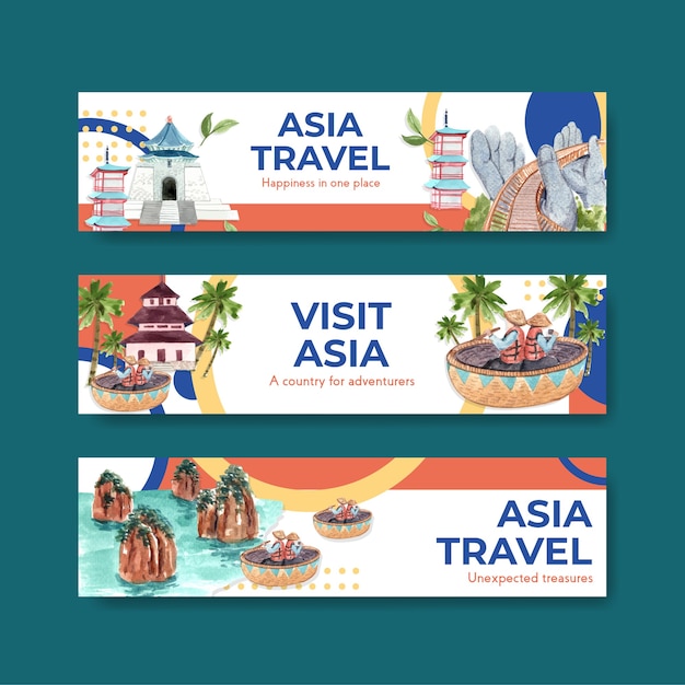 Plantilla de banner con diseño de concepto de viajes de asia para publicidad y marketing ilustración vectorial de acuarela