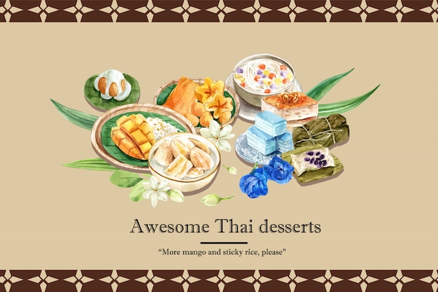 Plantilla de banner dulce tailandés con arroz pegajoso, dulces con acuarela de ilustración meean.