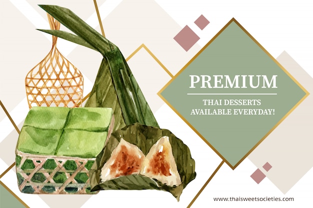 Plantilla de banner dulce tailandés con budín, acuarela de ilustración de masa de pirámide.
