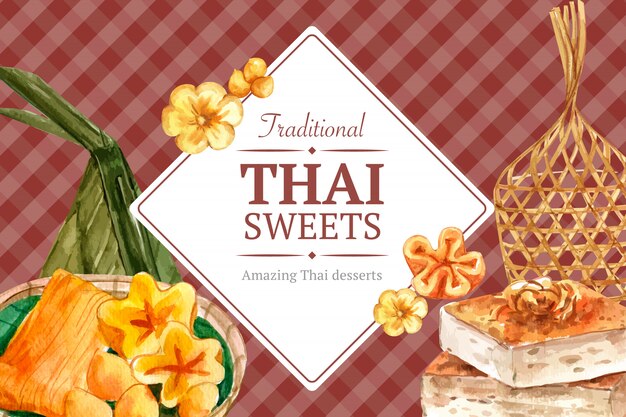 Plantilla de banner dulce tailandés con hilos de oro, acuarela de ilustración de natillas tailandesas.