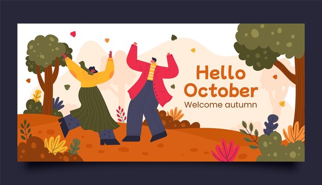 Plantilla de banner de hola octubre dibujada a mano para otoño