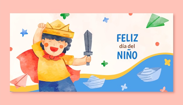 Plantilla de banner horizontal de acuarela para la celebración del día del niño en español