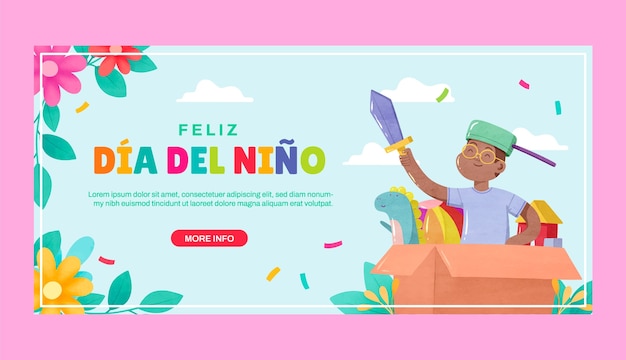 Vector gratuito plantilla de banner horizontal de acuarela para la celebración del día del niño en español