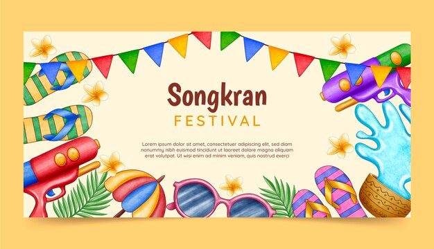 Plantilla de banner horizontal de acuarela para la celebración del festival del agua de songkran