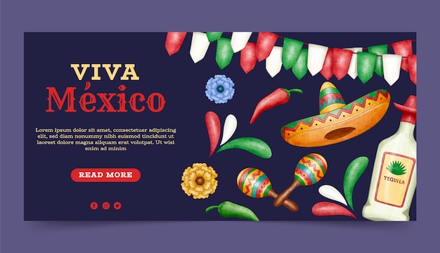 Plantilla de banner horizontal de acuarela para la celebración de la independencia de méxico