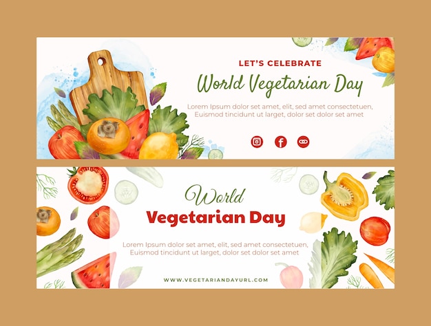 Vector gratuito plantilla de banner horizontal de acuarela para el día mundial del vegetariano