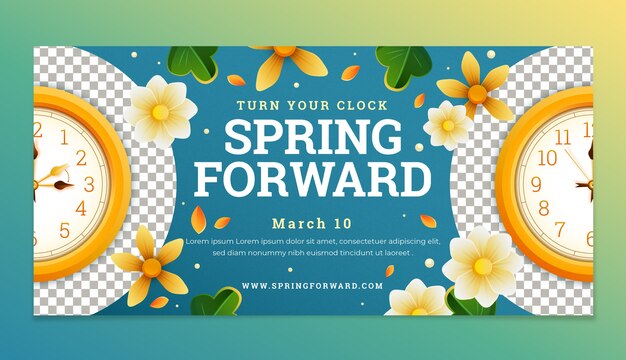 plantilla de banner horizontal hacia adelante con gradiente de hora de primavera.