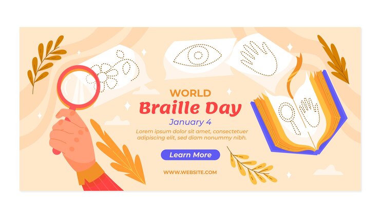 Vector gratuito plantilla de banner horizontal de celebración del día mundial braille plano