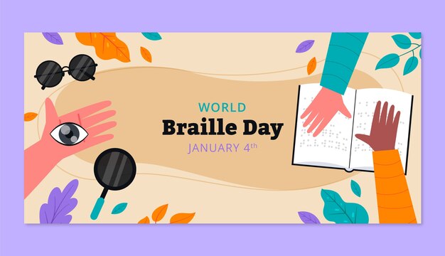 Plantilla de banner horizontal de celebración del día mundial braille plano