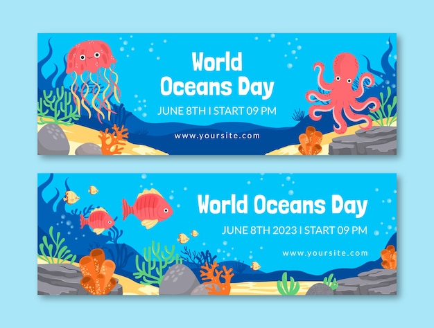 Plantilla de banner horizontal para la celebración del día mundial de los océanos
