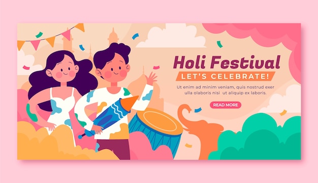 Plantilla de banner horizontal de celebración de festival holi plano