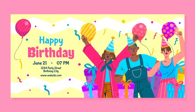 Plantilla de banner horizontal para celebración de fiesta de cumpleaños