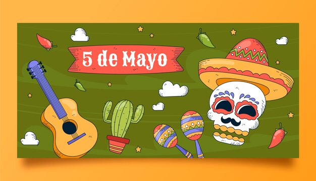 Plantilla de banner horizontal de cinco de mayo dibujado a mano