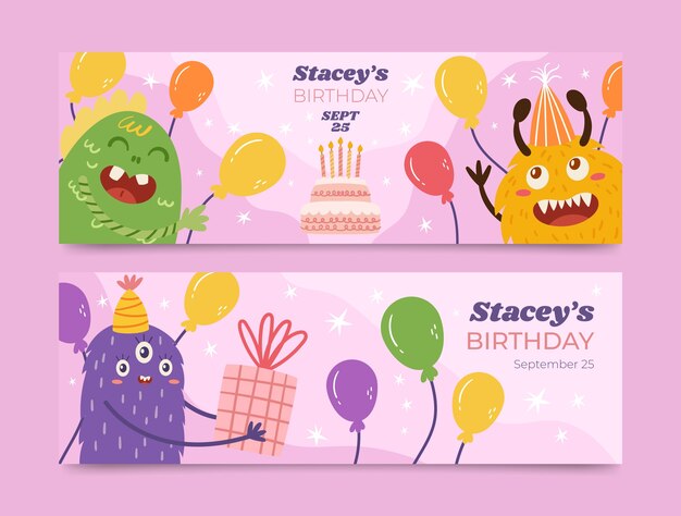 Plantilla de banner horizontal de cumpleaños dibujado a mano