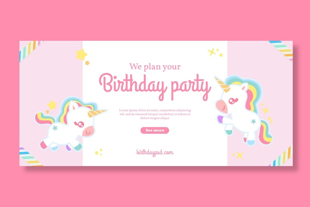 Plantilla de banner horizontal de cumpleaños infantil unicornio