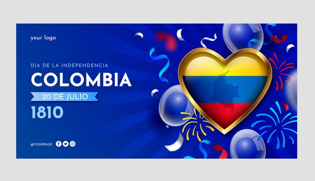 Plantilla de banner horizontal degradado 20 de julio con globos y corazón