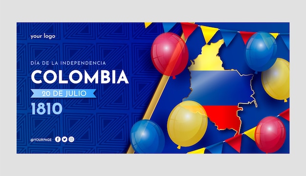 Plantilla de banner horizontal degradado 20 de julio con globos y mapa