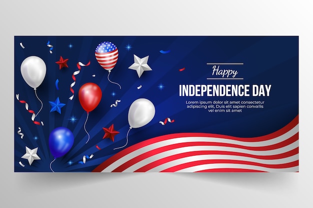 Plantilla de banner horizontal degradado del 4 de julio con globos y confeti
