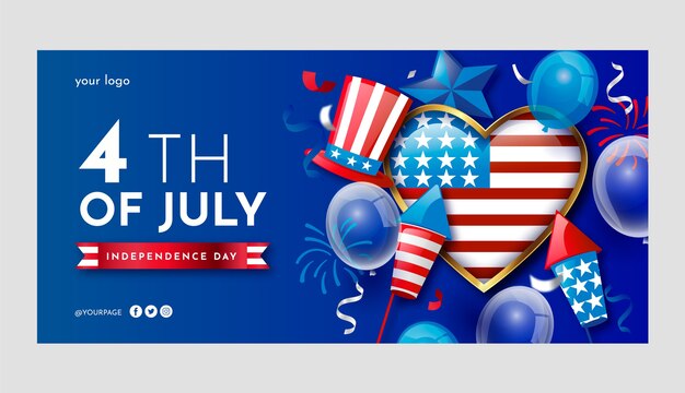 Plantilla de banner horizontal degradado del 4 de julio con globos y fuegos artificiales