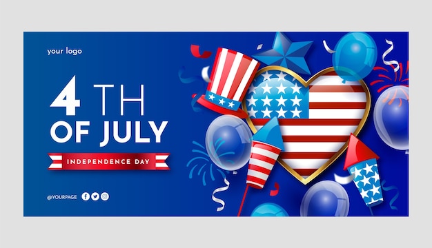 Plantilla de banner horizontal degradado del 4 de julio con globos y fuegos artificiales