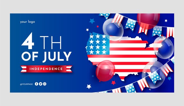 Plantilla de banner horizontal degradado del 4 de julio con mapa y globos