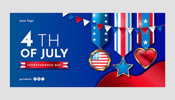 Vector gratuito plantilla de banner horizontal degradado del 4 de julio con medallas