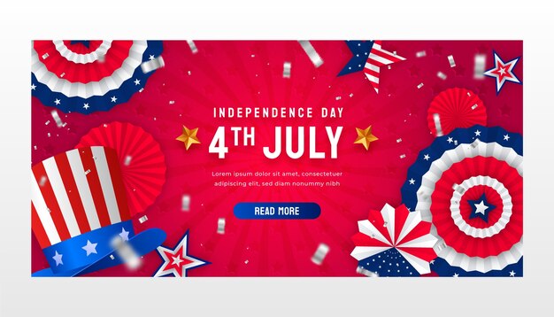 Plantilla de banner horizontal degradado del 4 de julio con roseta y sombrero