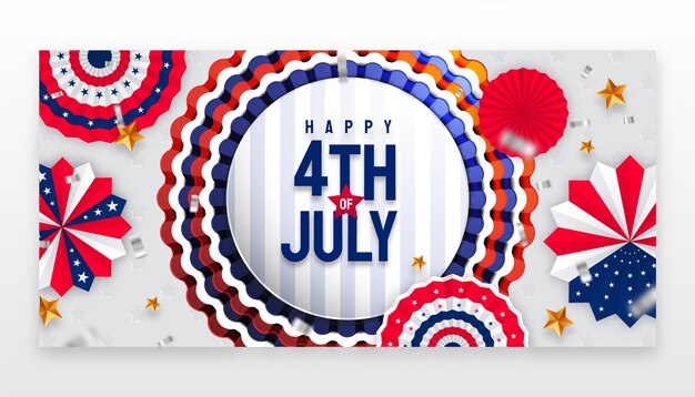 Plantilla de banner horizontal degradado del 4 de julio con rosetas