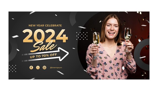 Plantilla de banner horizontal degradado para el año nuevo 2024 con confeti