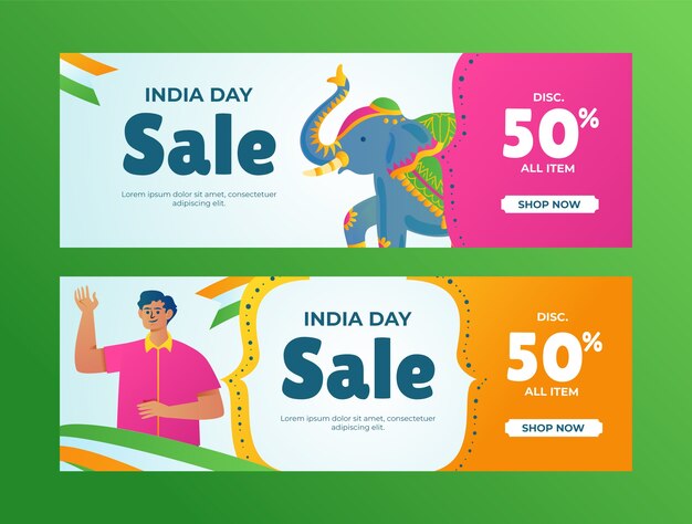 Plantilla de banner horizontal degradado para la celebración del día de la independencia de india