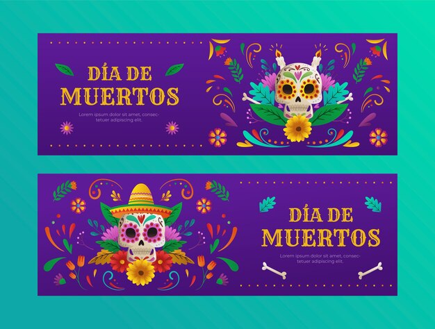 Plantilla de banner horizontal degradado para celebración de dia de muertos