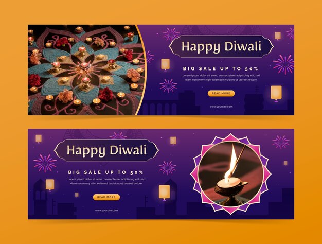 Plantilla de banner horizontal degradado para la celebración del festival diwali con linternas