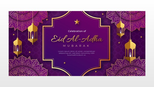 Plantilla de banner horizontal degradado eid al-adha con linternas