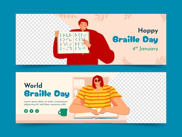 Vector gratuito plantilla de banner horizontal del día del braille plano del mundo