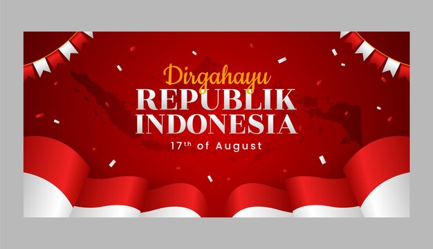 Plantilla de banner horizontal del día de la independencia de indonesia degradado con confeti y banderines