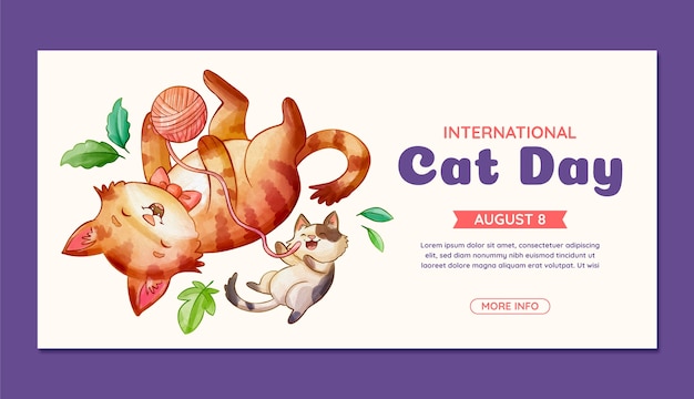 Vector gratuito plantilla de banner horizontal del día internacional del gato en acuarela