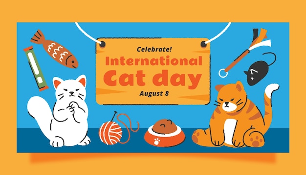 Plantilla de banner horizontal del día internacional del gato dibujado a mano