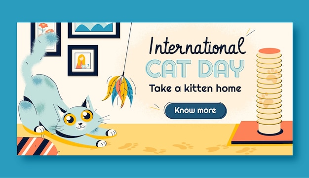 Vector gratuito plantilla de banner horizontal del día internacional del gato plano con gato jugando