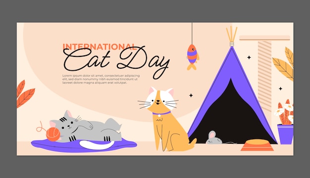 Vector gratuito plantilla de banner horizontal del día internacional del gato plano con gatos y carpa