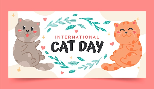 Vector gratuito plantilla de banner horizontal del día internacional del gato plano con gatos