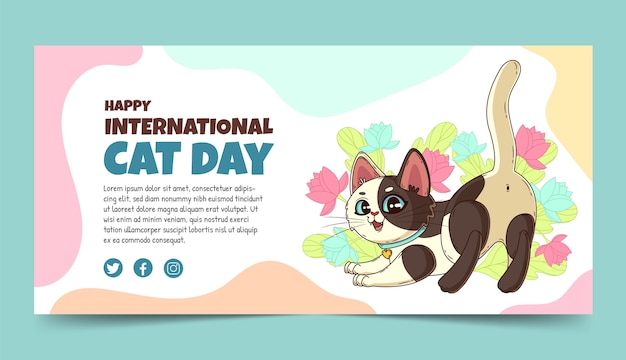 Plantilla de banner horizontal del día internacional del gato plano con lindo gato