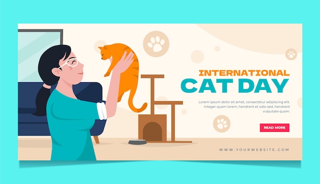 Vector gratuito plantilla de banner horizontal del día internacional del gato plano con mujer y su gato