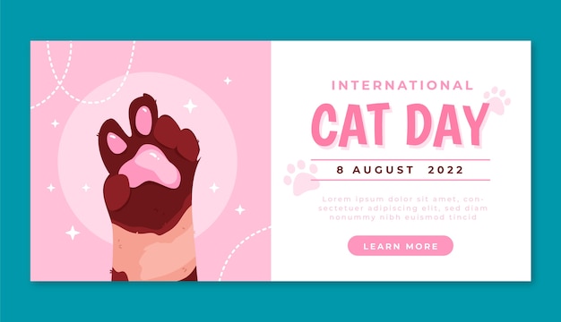 Plantilla de banner horizontal del día internacional del gato plano con pata de gato