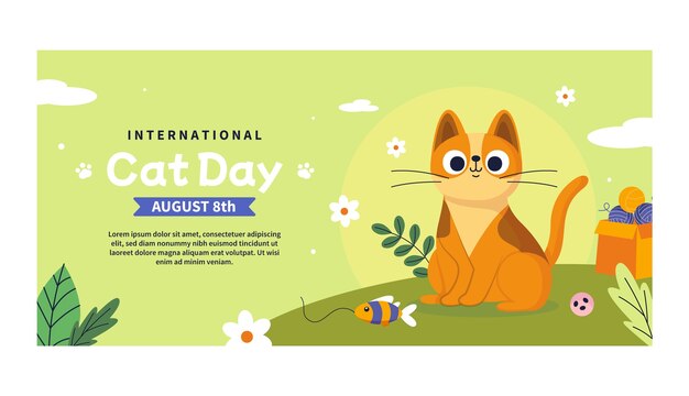 Plantilla de banner horizontal del día internacional del gato plano