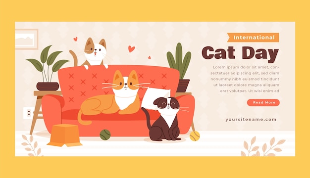 Vector gratuito plantilla de banner horizontal del día internacional del gato plano