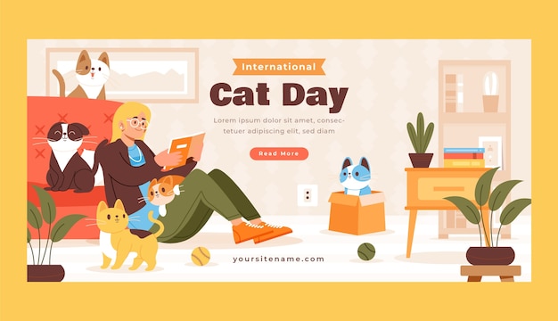 Vector gratuito plantilla de banner horizontal del día internacional del gato plano