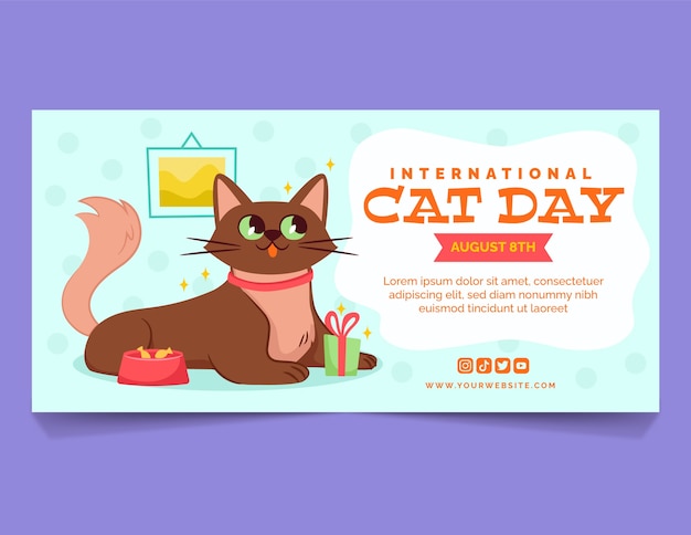 Vector gratuito plantilla de banner horizontal del día internacional del gato plano