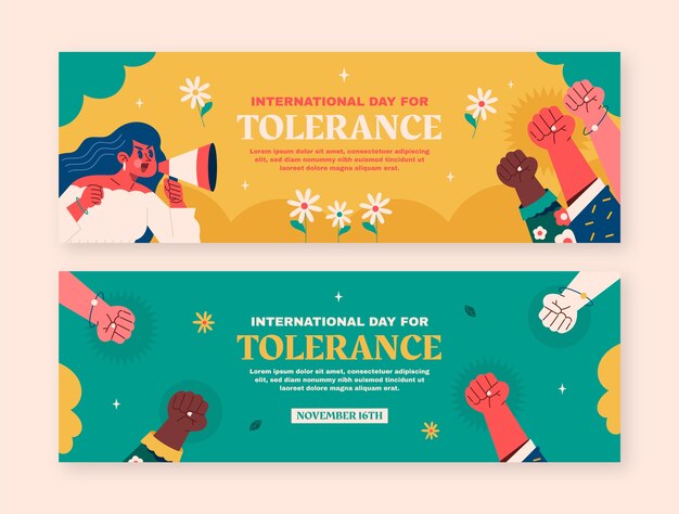 Plantilla de banner horizontal del día internacional plano para la tolerancia