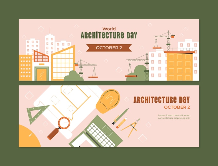 Vector gratuito plantilla de banner horizontal del día mundial de la arquitectura plana
