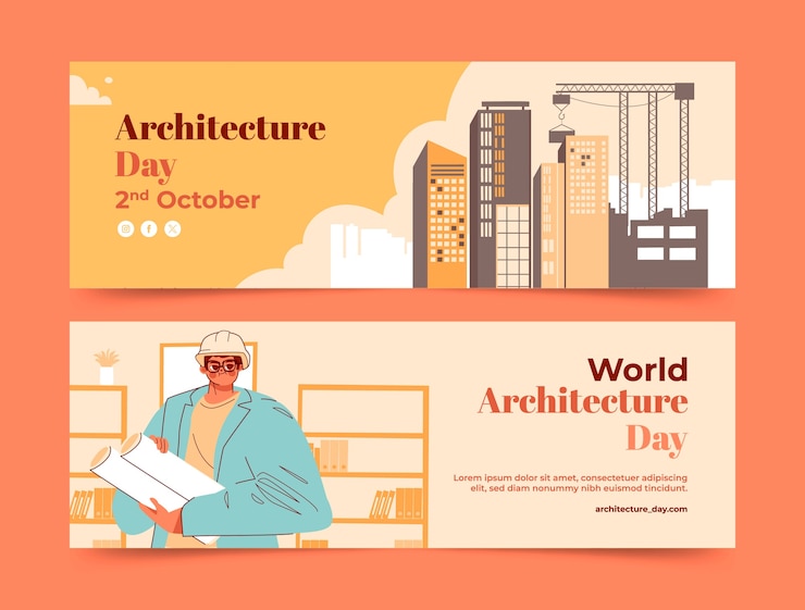 Vector gratuito plantilla de banner horizontal del día mundial de la arquitectura plana